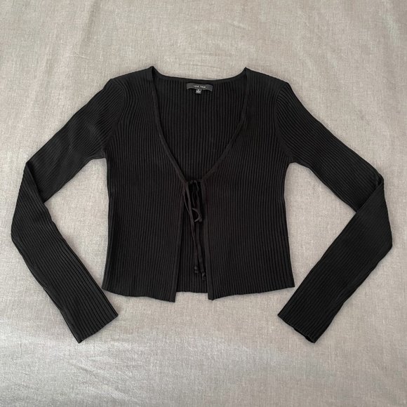 Tie-Front Sweater Rib Knit Cropped Black Cardigan | Love Tree - Picture 2 of 5